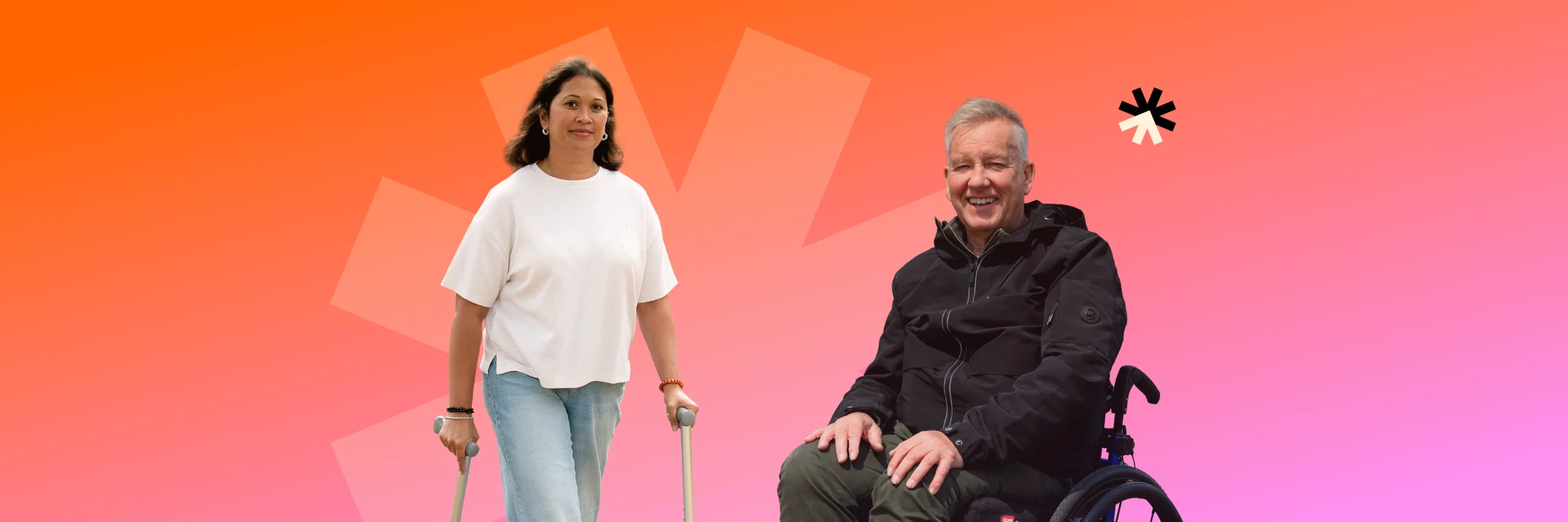 A smiling wheelchair user against Back Up’s orange and pink brand background